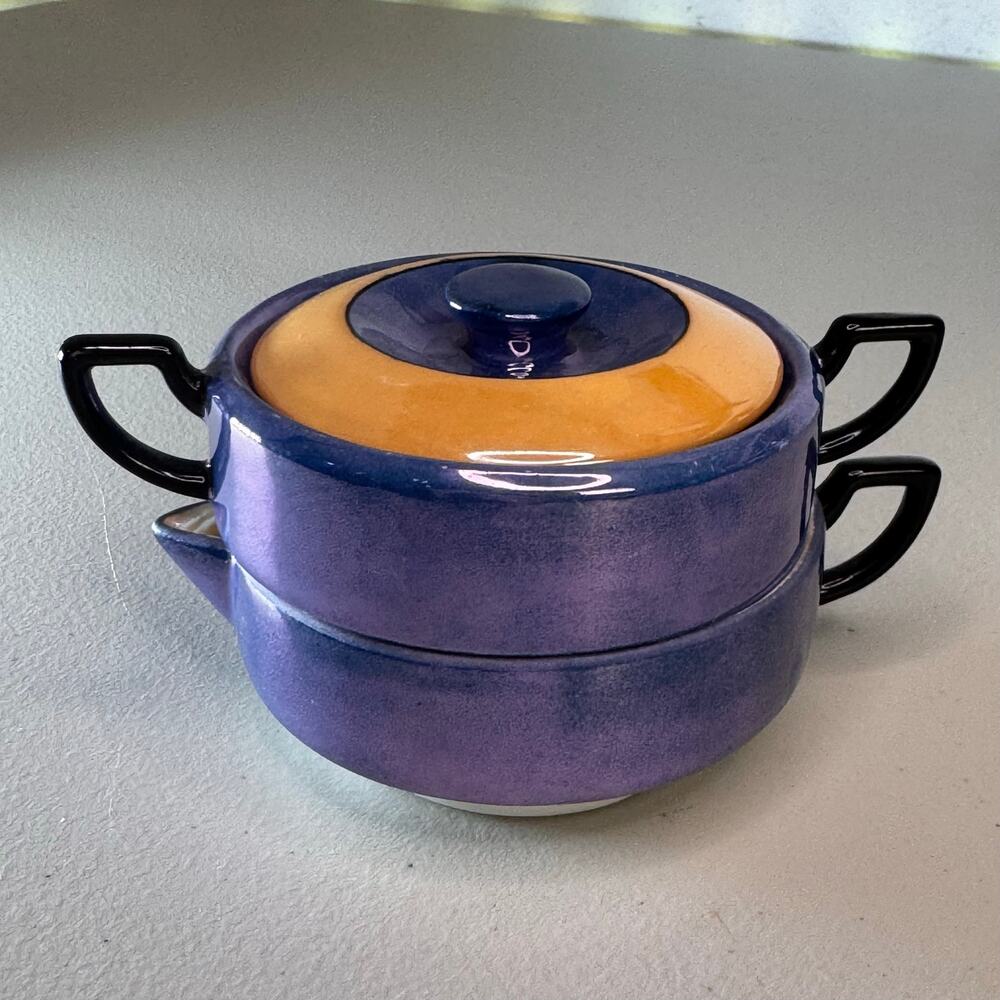 vintage lusterware stacking creamer sugar bowl blue orange black handles